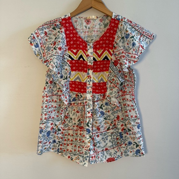 Let Me Be Vibrant Patchwork Blouse with Ruffle Sleeves, 100% Cotton, Size 2 - Picture 3 of 11